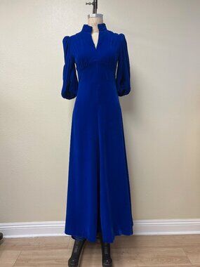 EUC Vintage Handmade 60s 70s Velvet Stand Collar Blouson Sleeve Blue Maxi Dress
